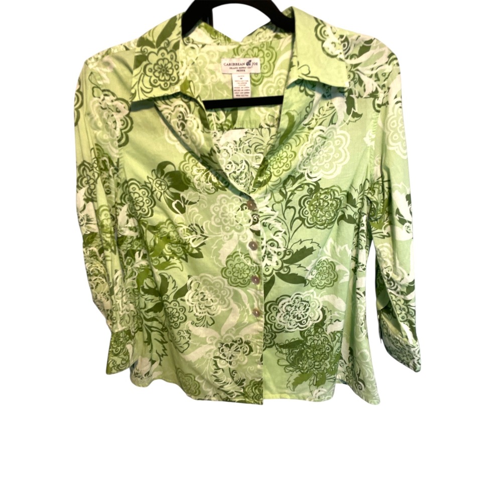 Caribbean Joe Floral Button Down Top Green White 3/4 Sleeve Size Small